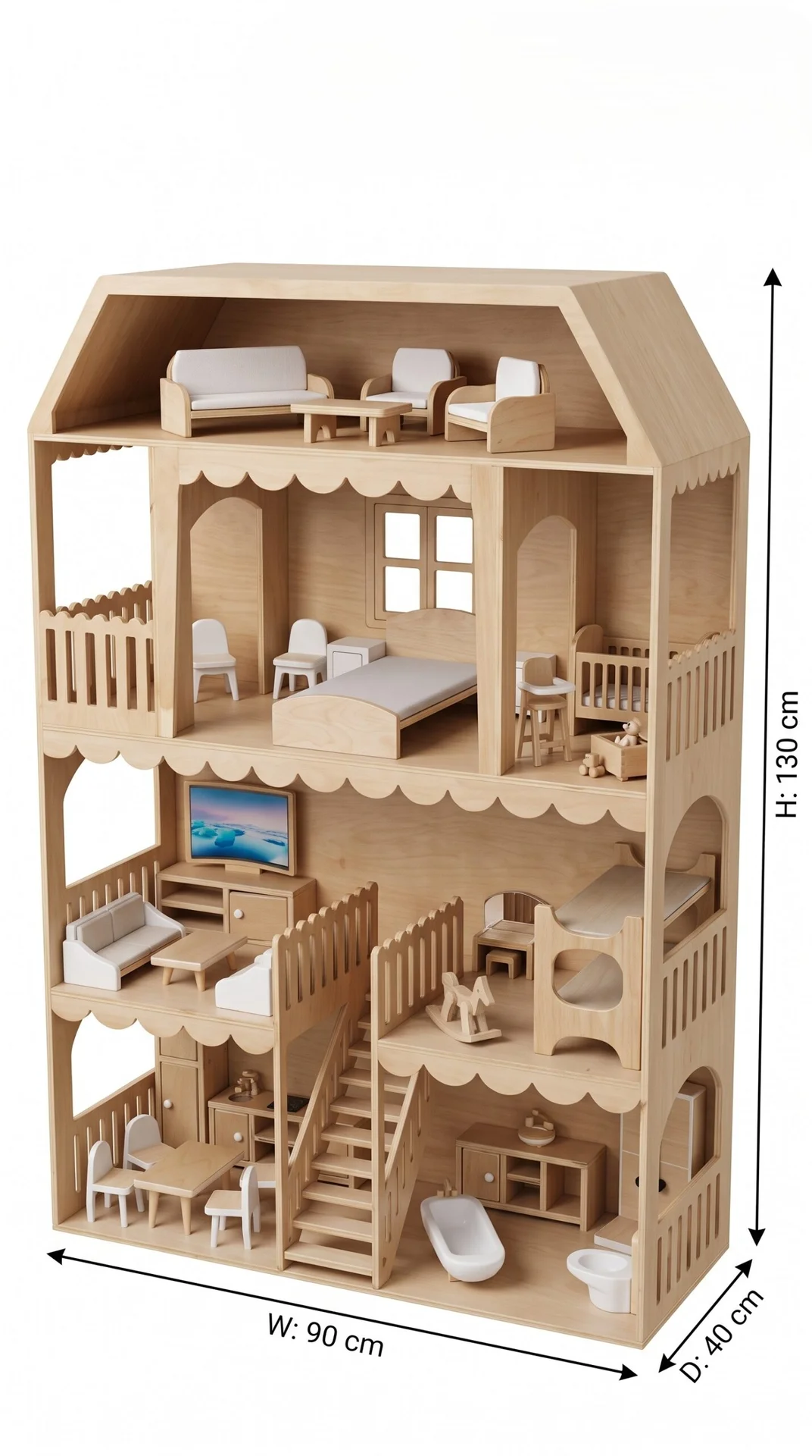Classic Wooden Dollhouse Play Set - Image 7